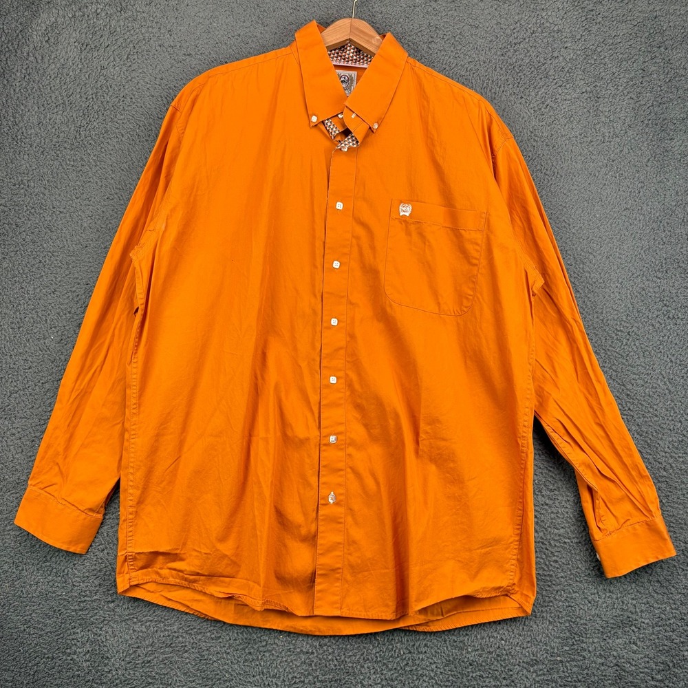 Cinch Mens Orange Solid Cotton Long Sleeve‎ Button Down Western Shirt Large